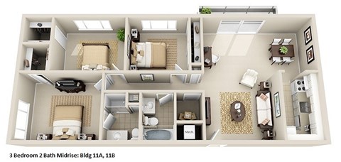Floor plan for 3 beds, 2 baths, 1230 sqft